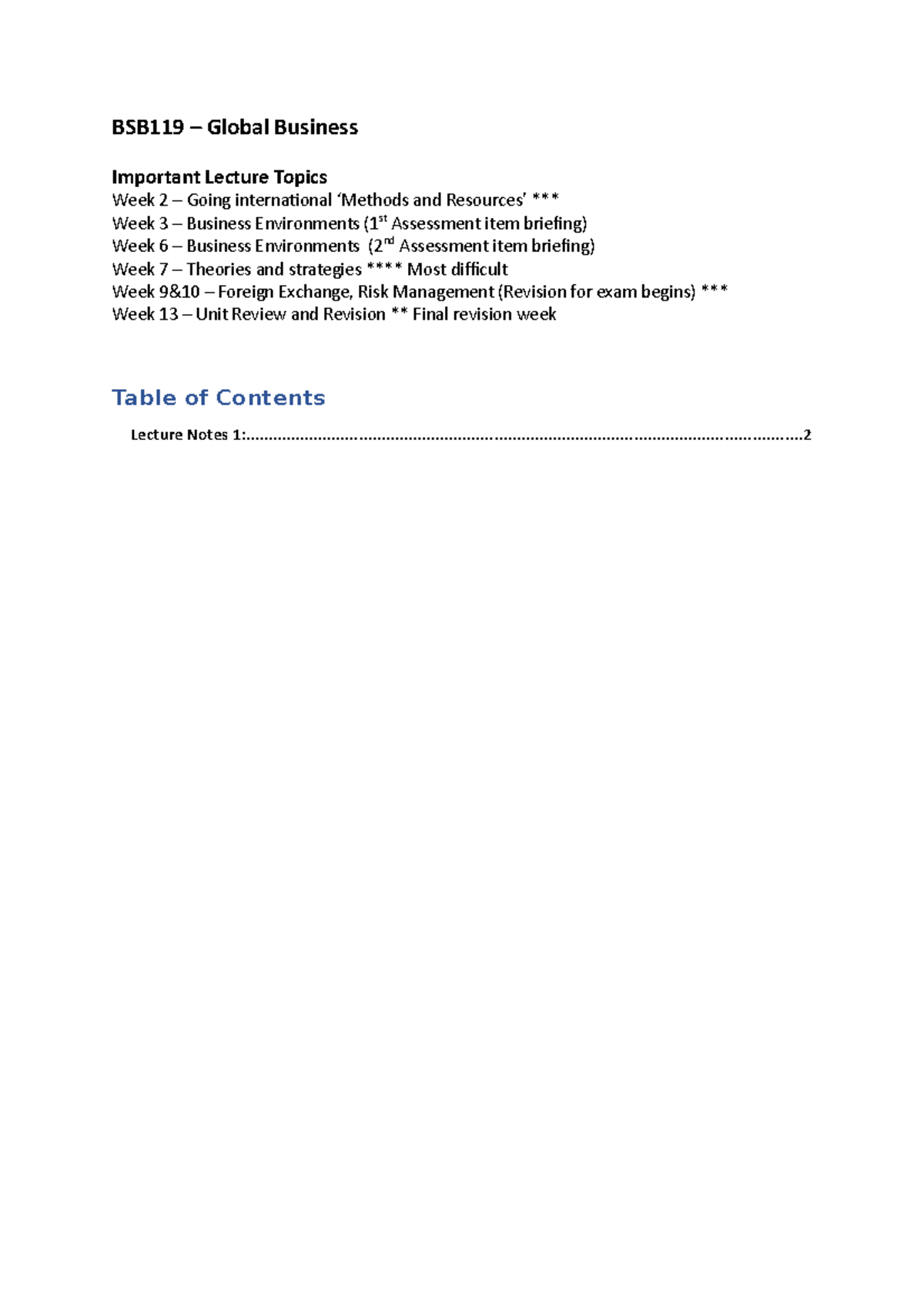 GB Lecture 1 - BSB119 – Global Business Important Lecture Topics Week 2 ...
