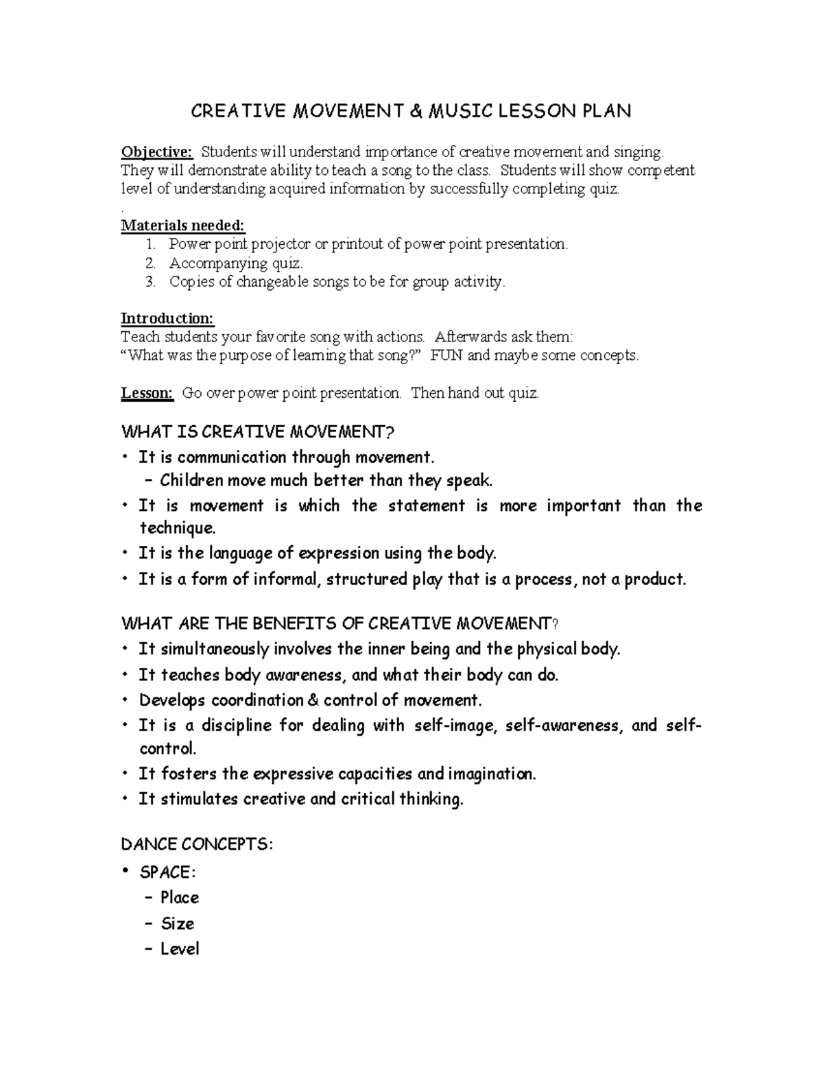 Creative Movement Lesson Plan CREATIVE MOVEMENT MUSIC LESSON PLAN