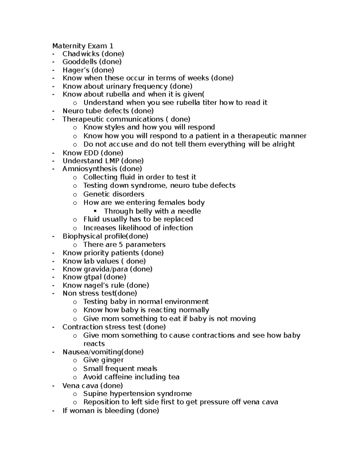 Maternity Exam 1 - Exam study guide - Maternity Exam 1 Chadwicks (done ...