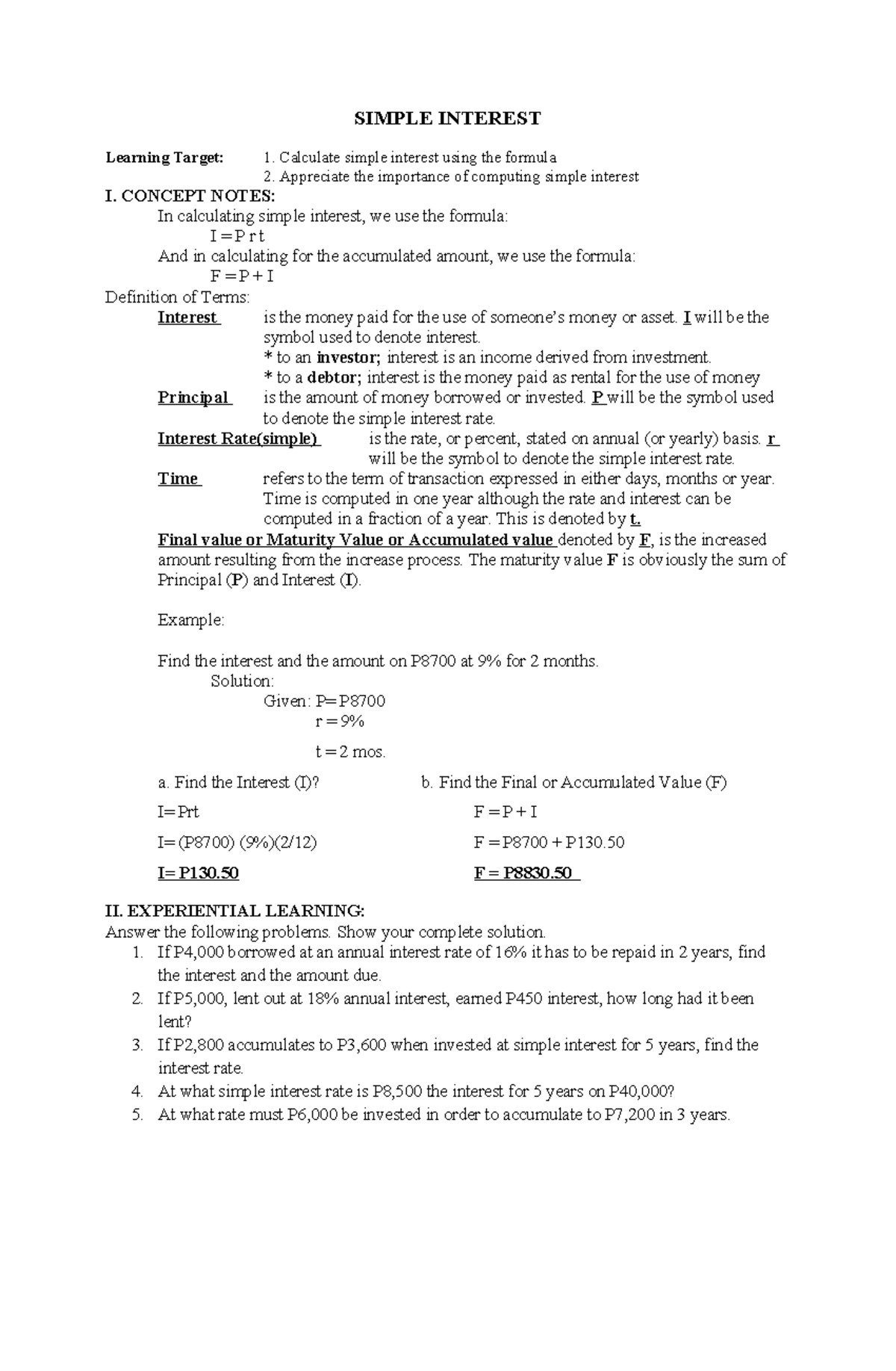 Simple interest - SIMPLE INTEREST Learning Target: 1. Calculate simple ...
