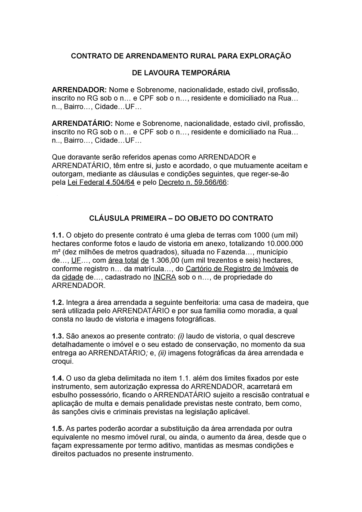 Modelo de Contrato de Arrendamento de Imóvel Rural, PDF