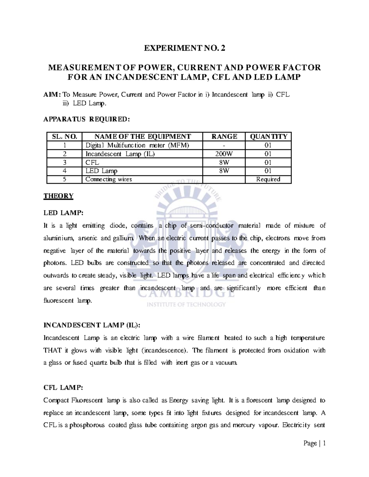 MeasurementofpowercurrentandpowerfactorforanincandescentLamp