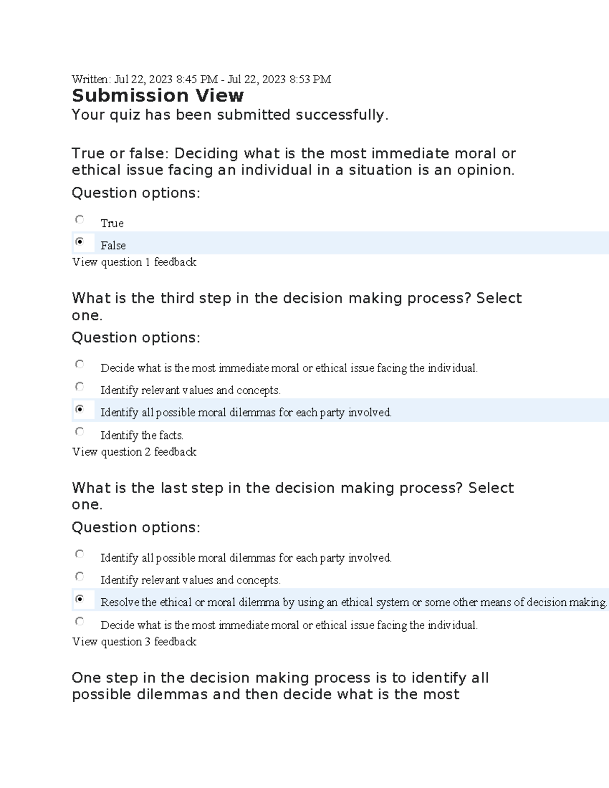 2-1 Decision Making Process Quiz - Written: Jul 22, 2023 8:45 PM - Jul ...