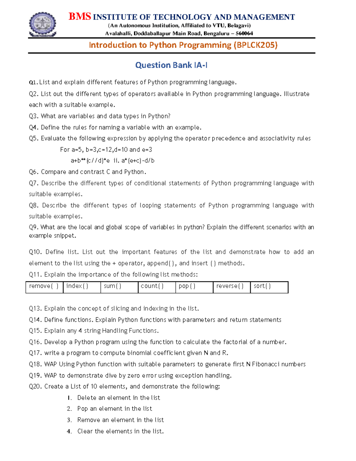 IA1-Python-Question Bank - BMS INSTITUTE OF TECHNOLOGY AND MANAGEMENT ...