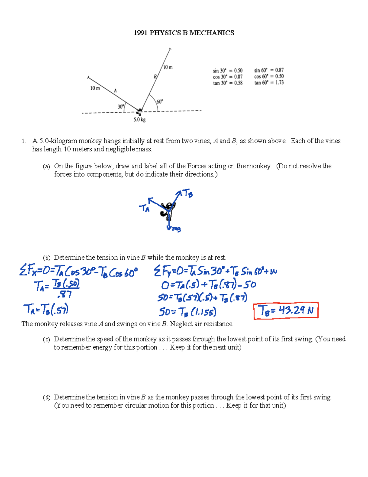 ap-questions-for-unit-2-key-1991-physics-b-mechanics-1-a-5-kilogram-monkey-hangs-initially-at