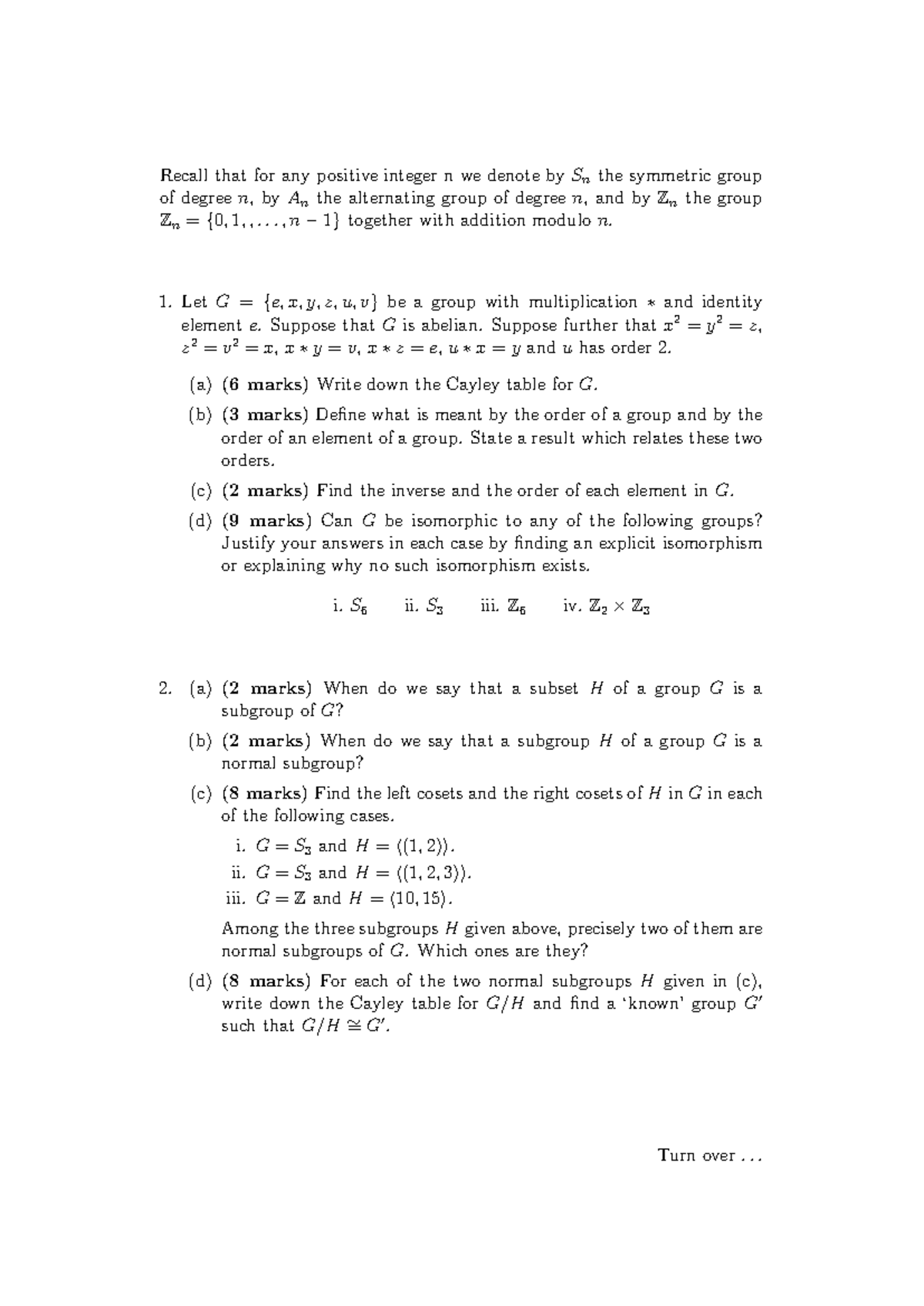 Exam May 2010, questions - Recall that for any positive integer n we ...
