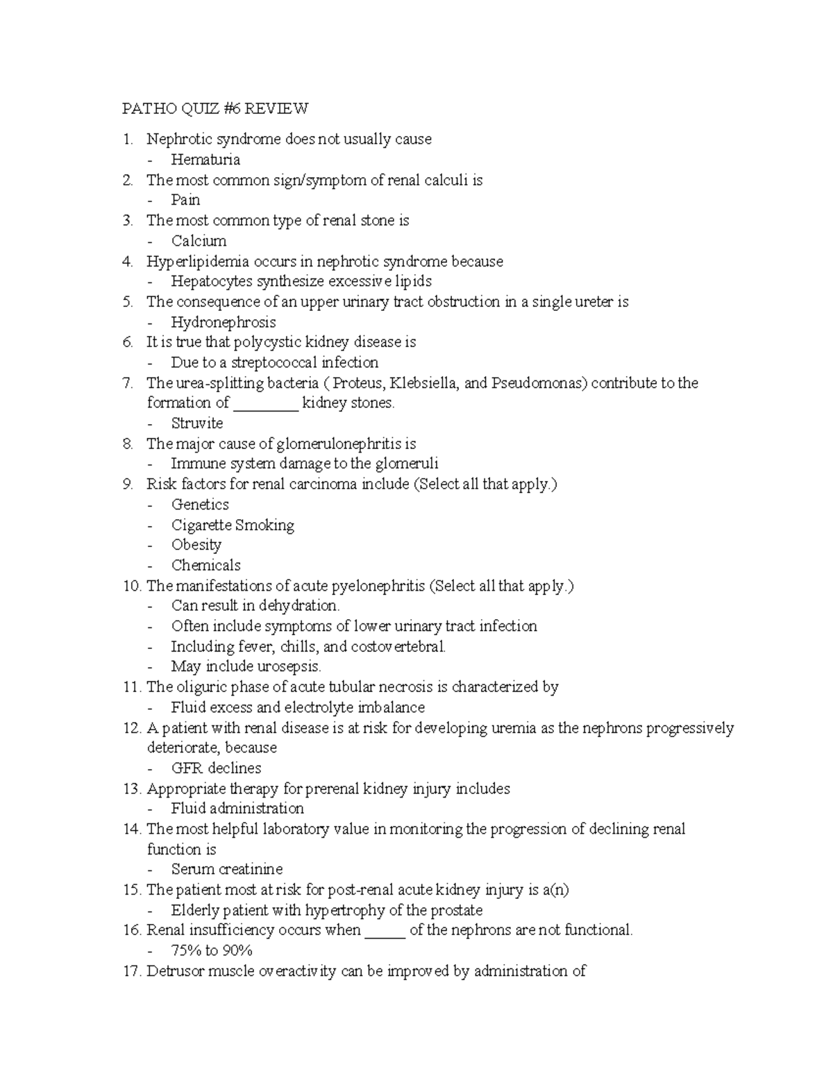 Patho QUIZ #6 - Quiz Q&A - PATHO QUIZ #6 REVIEW Nephrotic syndrome does ...