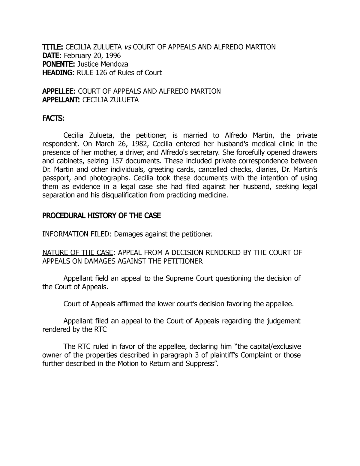 Arceo Ezekiel Cpr 02 Zulueta Vs. Court Of Appeals G.r - Title: Cecilia 