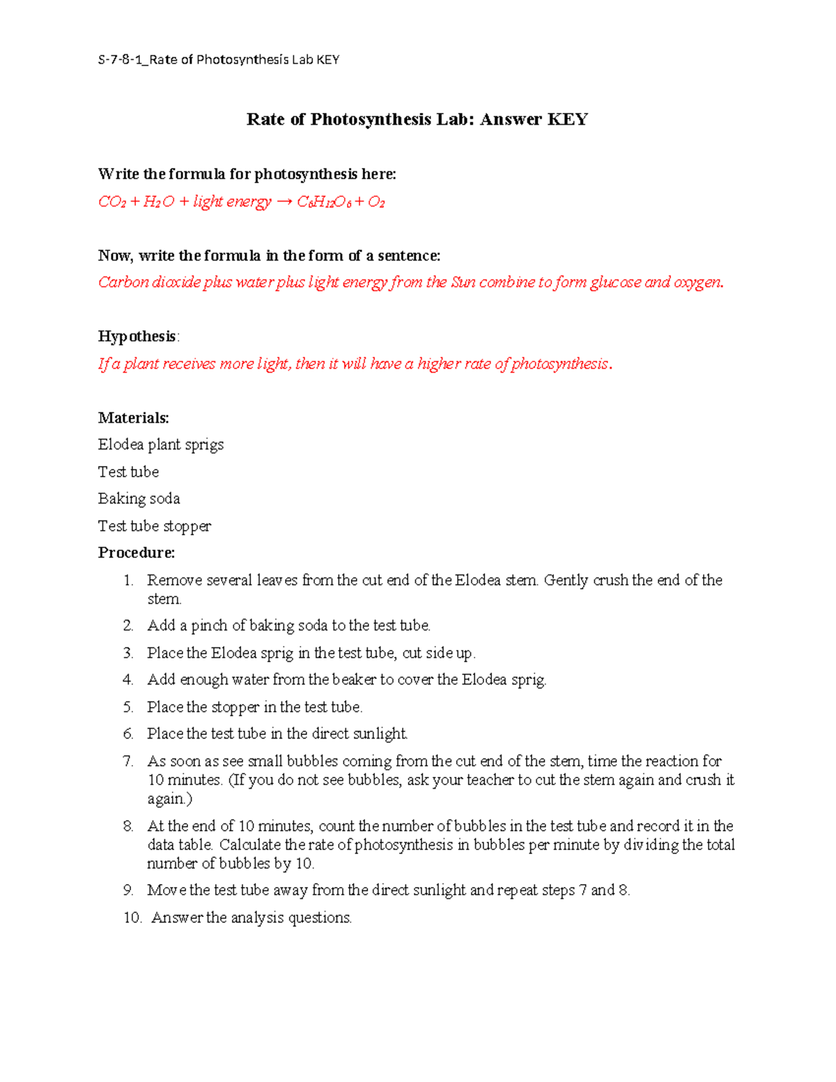 S781 Rate of Photosynthesis Lab KEY S781_Rate of Photosynthesis