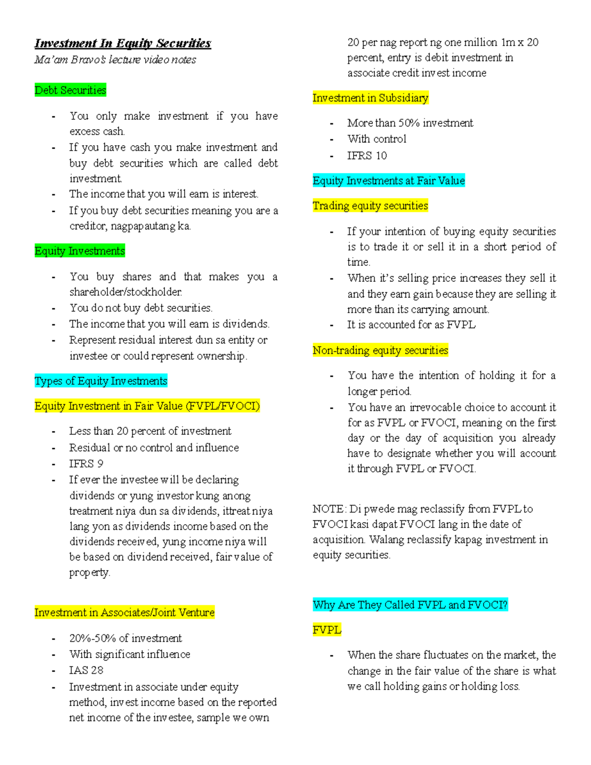 Investment In Equity Securities - Investment In Equity Securities Ma’am ...