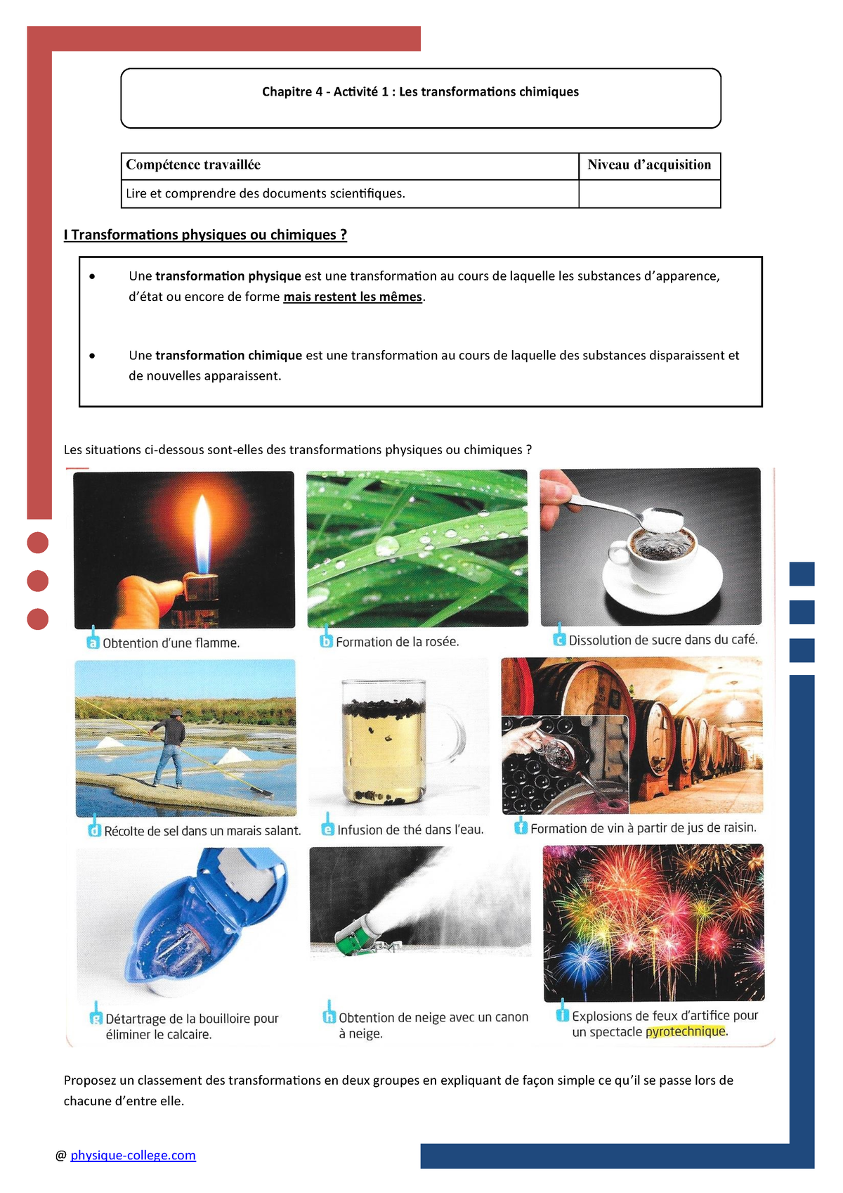 Chapitre 04 Activité 01 Transformations Chimiques - @ Physique-college ...