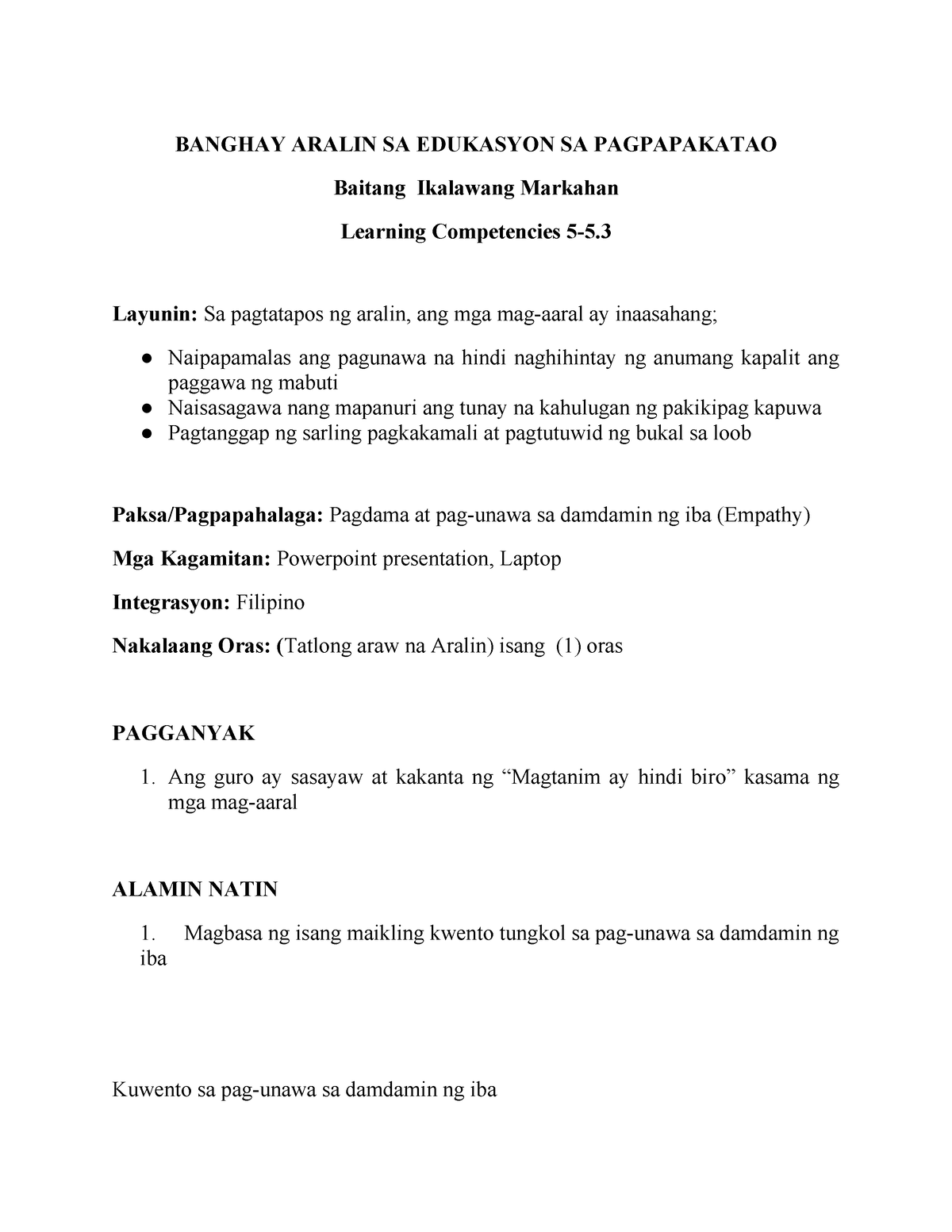 Banghay Aralin SA Edukasyon SA Pagpapakatao Empathy - BANGHAY ARALIN SA ...