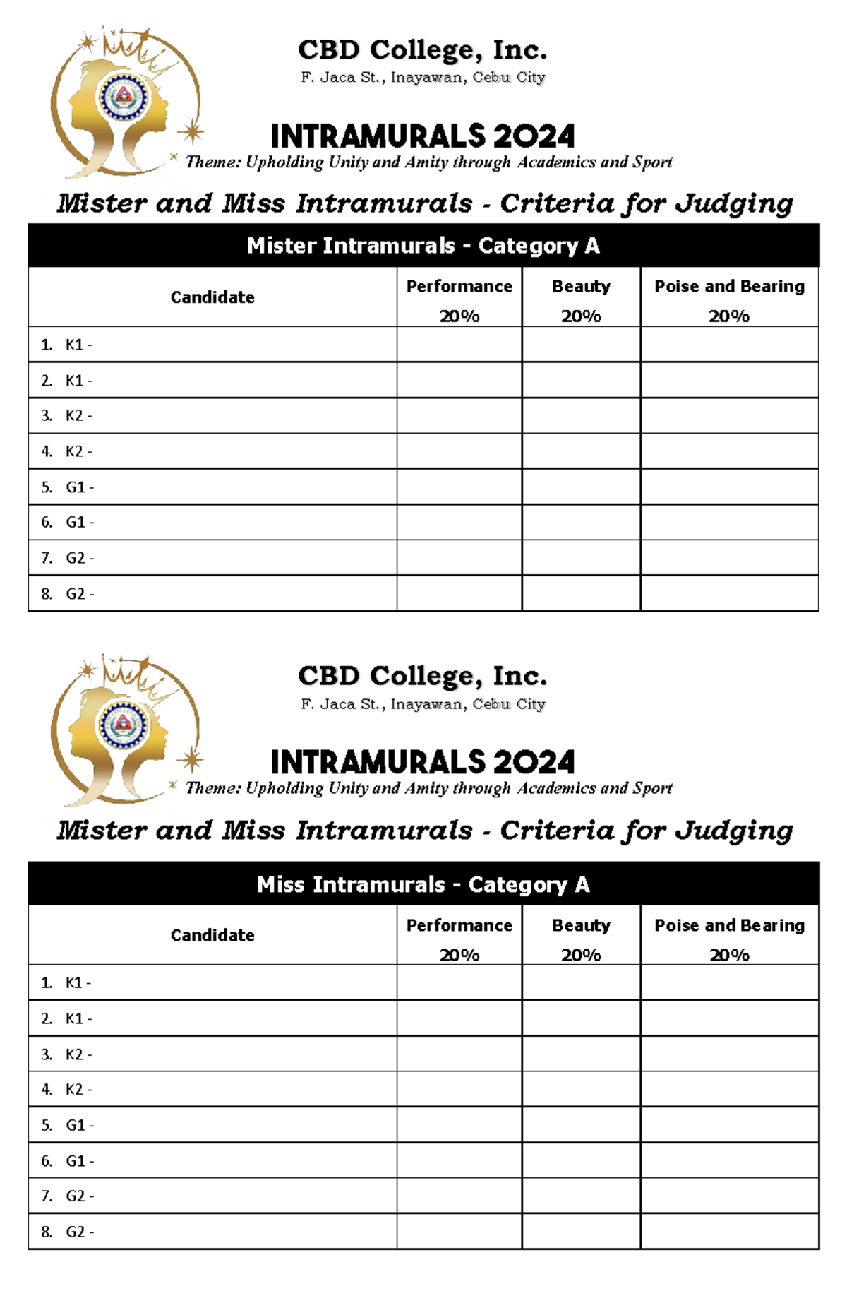 Mr and Miss Intrams 2024 Score sheet - F. Jaca St., Inayawan, Cebu City ...