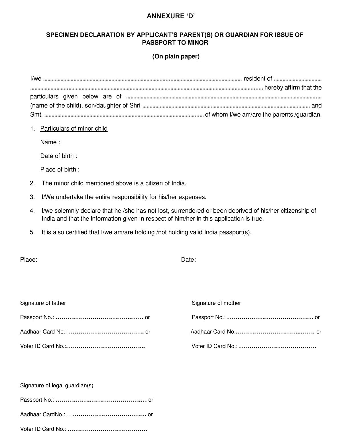 Ddjjjjjj Classs - Annexure ‘d’ Specimen Declaration By Applicant’s 