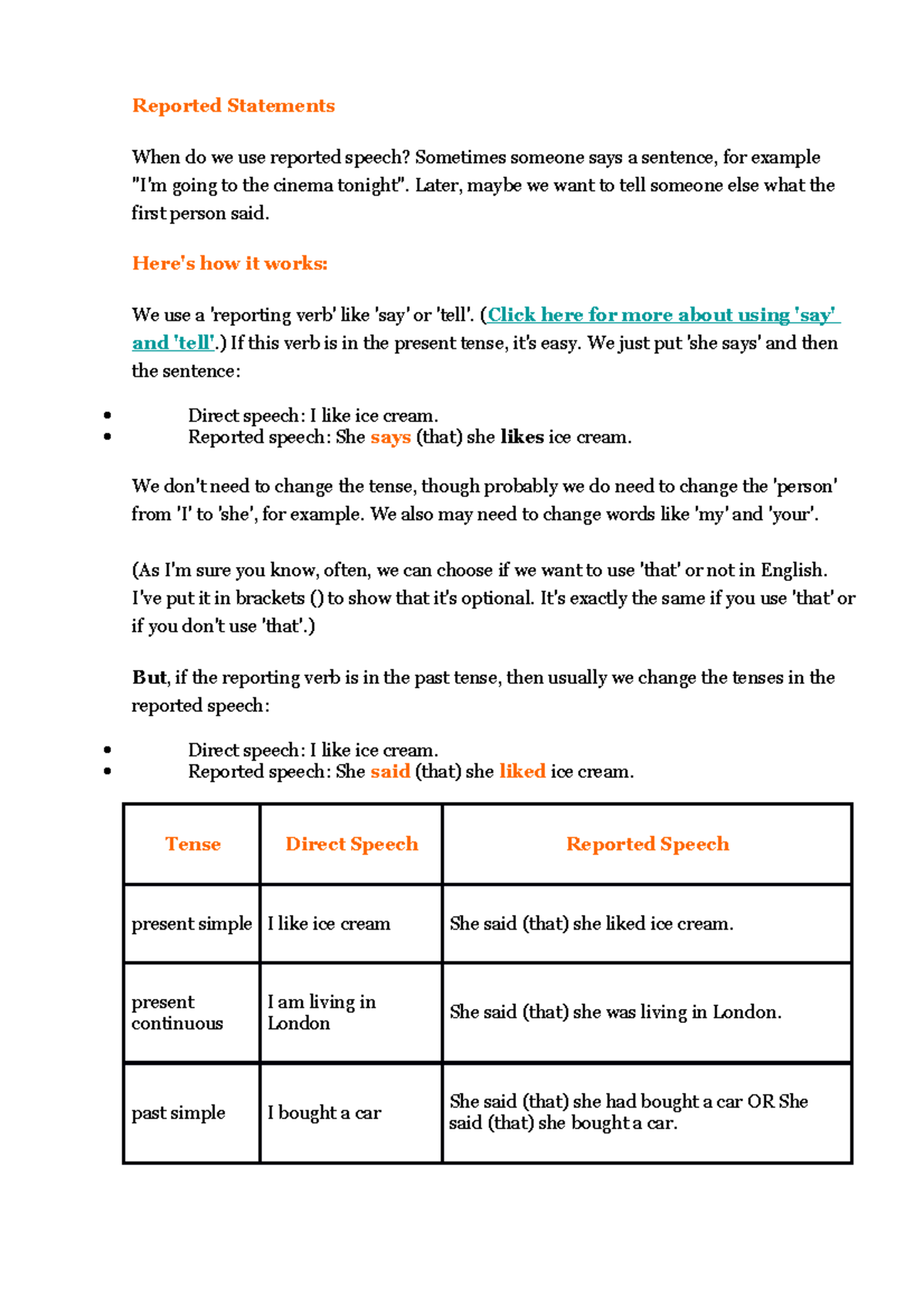 Grammar. Reported speech and tought - Reported Statements When do we ...