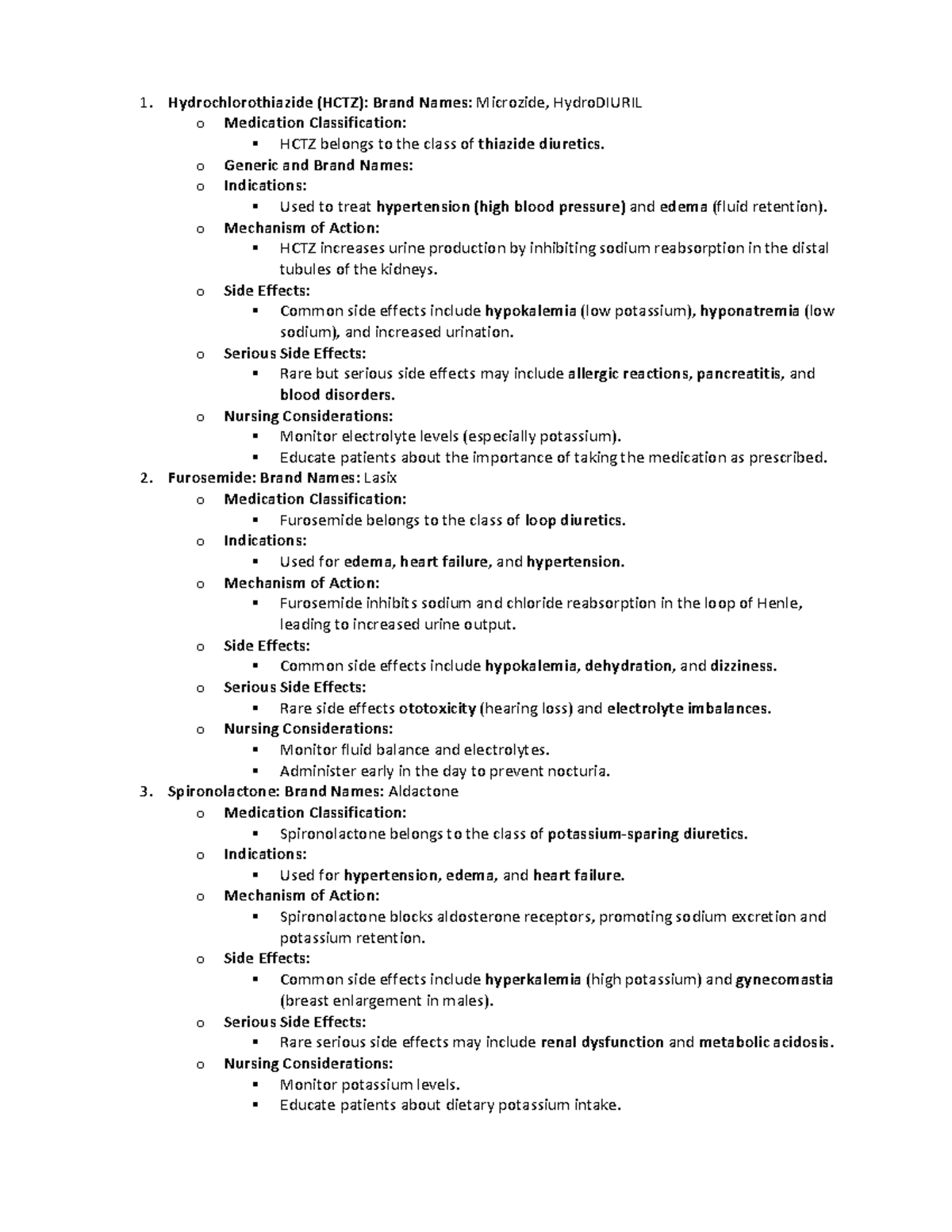 Med Surg block 2 Drugs - 1. Hydrochlorothiazide (HCTZ): Brand Names ...