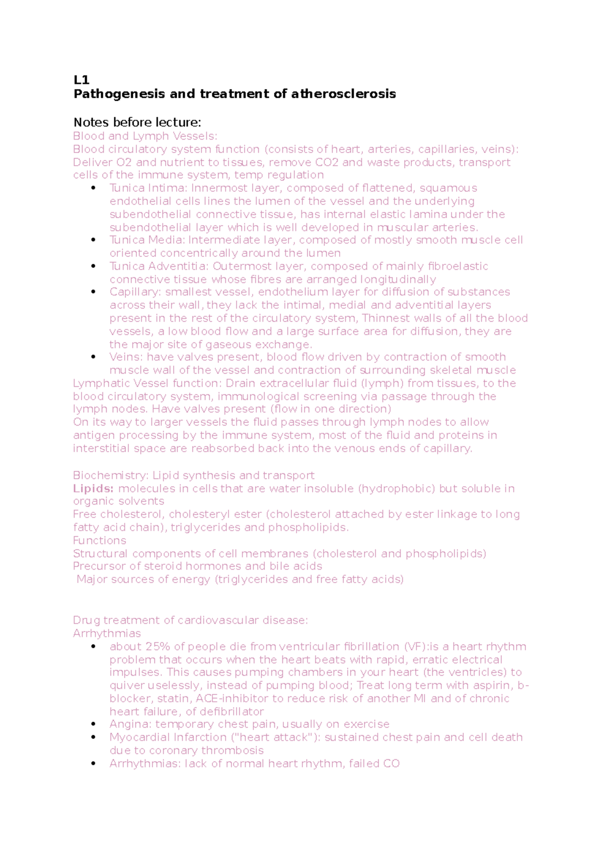 Lectures 1-8 - L Pathogenesis and treatment of atherosclerosis Notes ...
