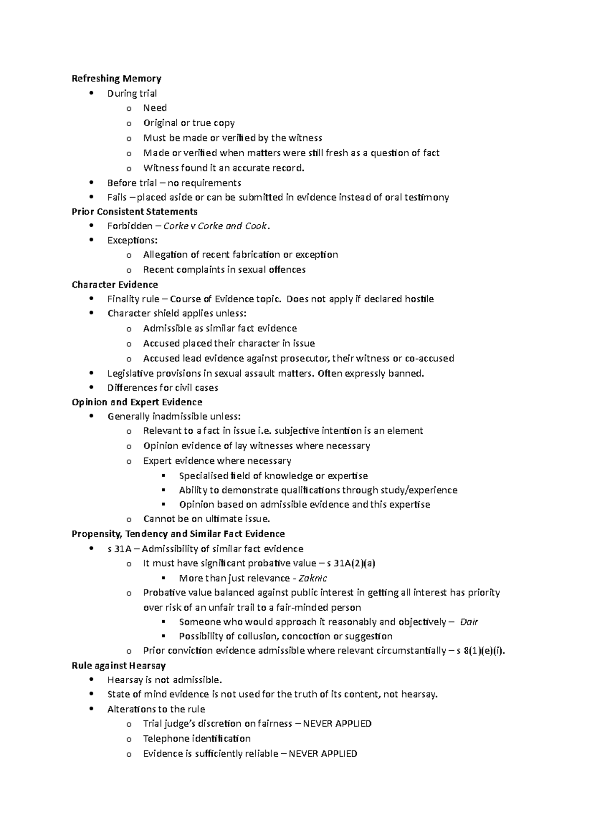 Evidence Quick Summary - Refreshing Memory During trial o Need o ...