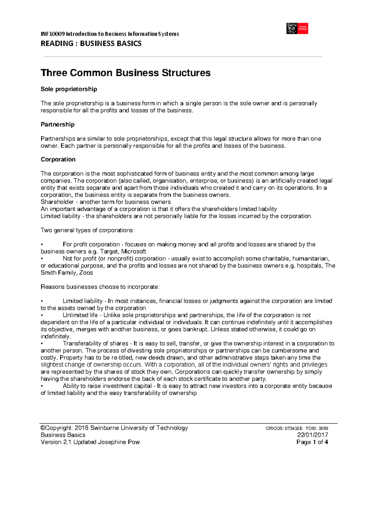 Business Basics V2 - READING : BUSINESS BASICS ©Copyright: 2016