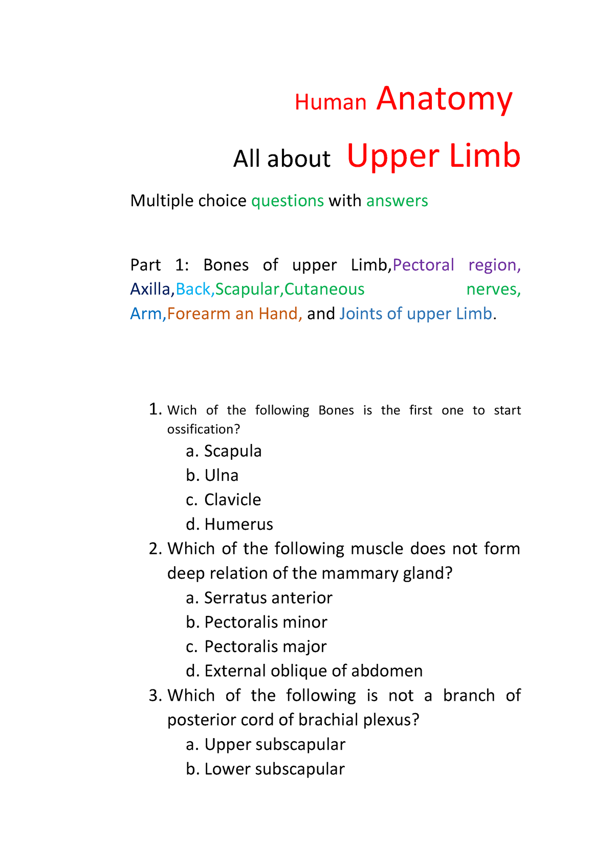 short essay questions upper limb anatomy