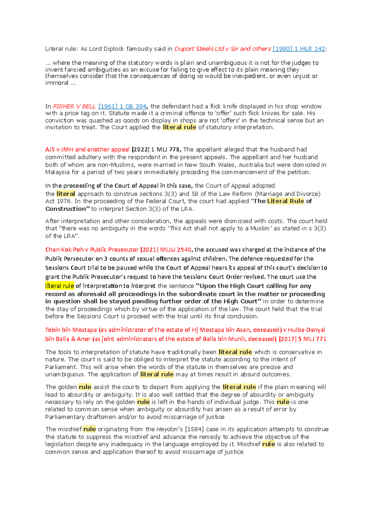 Interpretation TO Statutes - Literal rule: As Lord Diplock famously ...