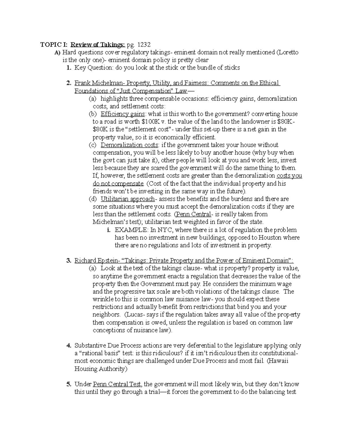 Property Law Outline 1 TOPIC I Review of Takings pg. 1232 A) Hard