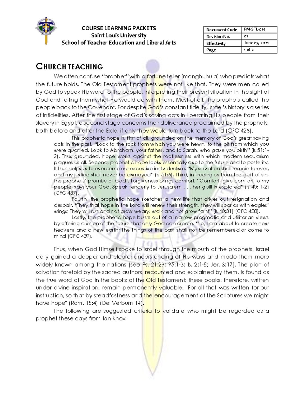 CFE 101 Module 2, Lesson 2 Church Teaching - COURSE LEARNING PACKETS ...