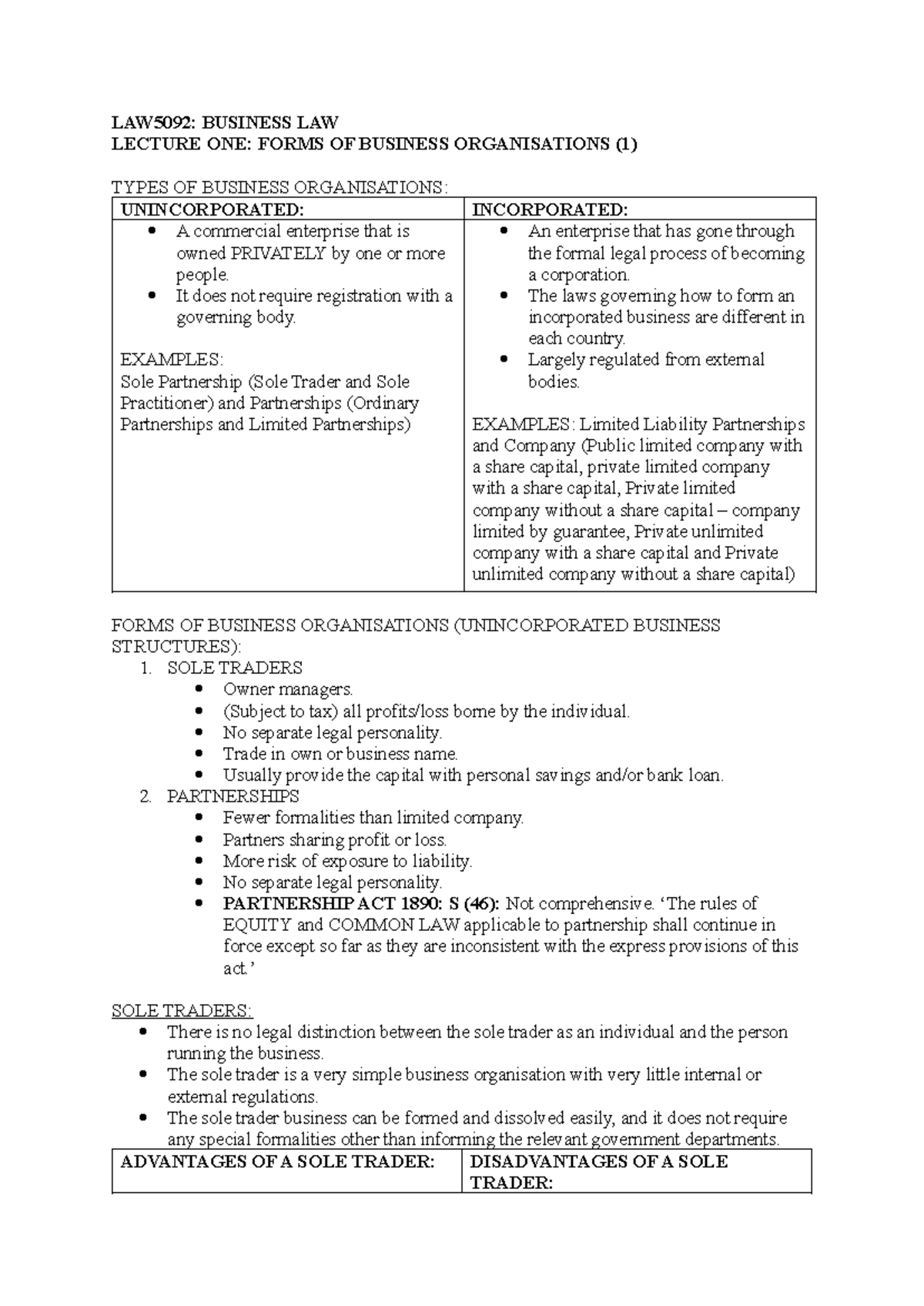Lectures - LECTURE NOTES - LAW5092: BUSINESS LAW LECTURE ONE: FORMS OF ...