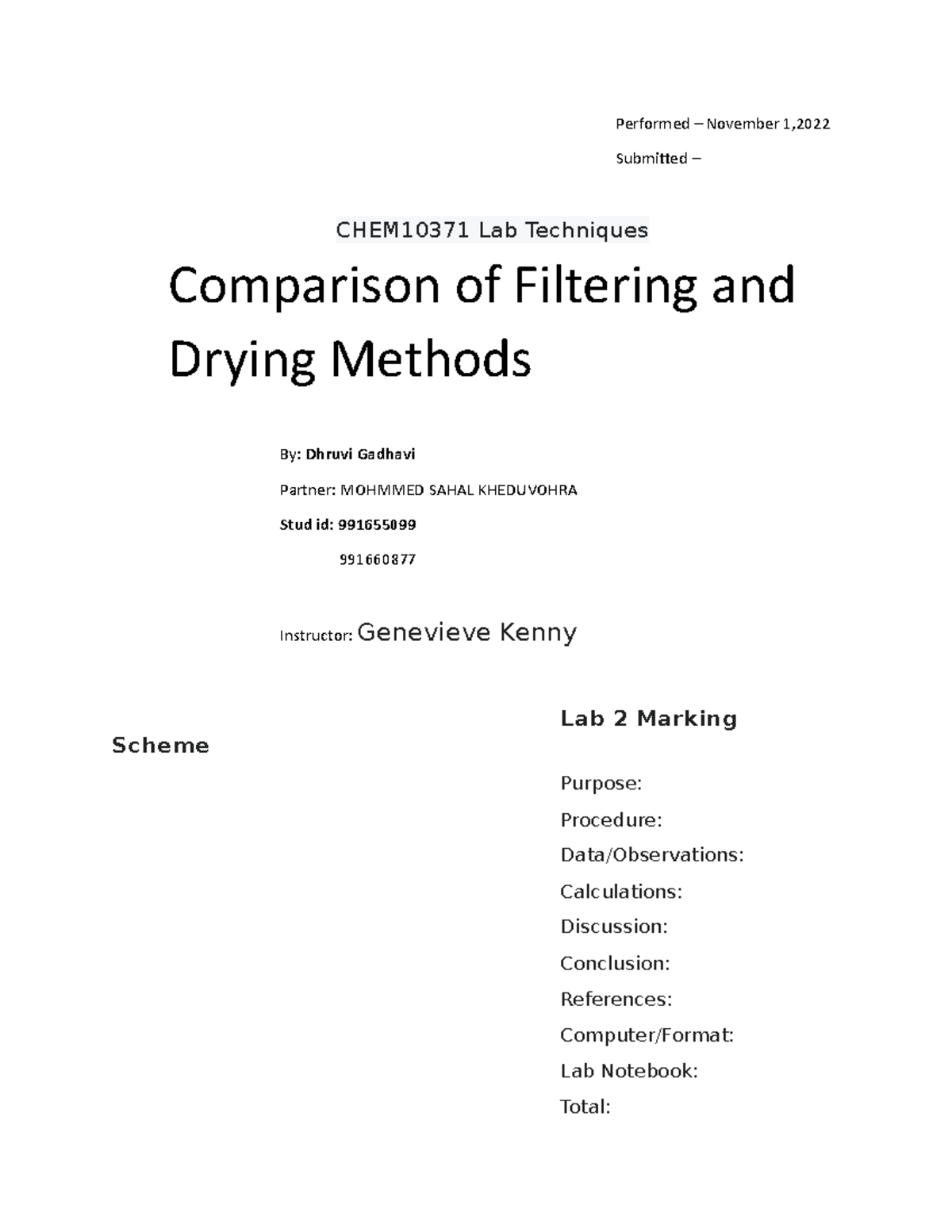 Report Lab TECH Performed November 1, Submitted CHEM10371 Lab