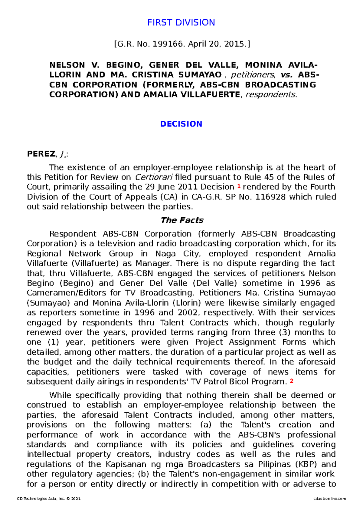 Begino v ABS CBN - case - FIRST DIVISION [G. No. 199166. April 20, 2015 ...