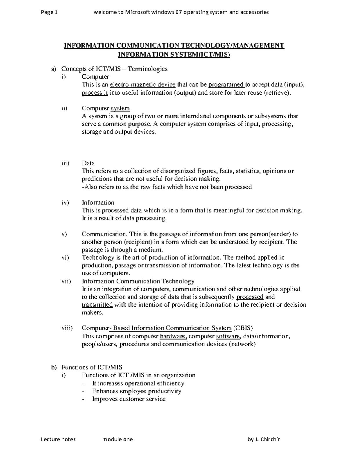 ICT Notes - INFORMATION COMMUNICATION TECHNOLOGY/MANAGEMENT INFORMATION ...