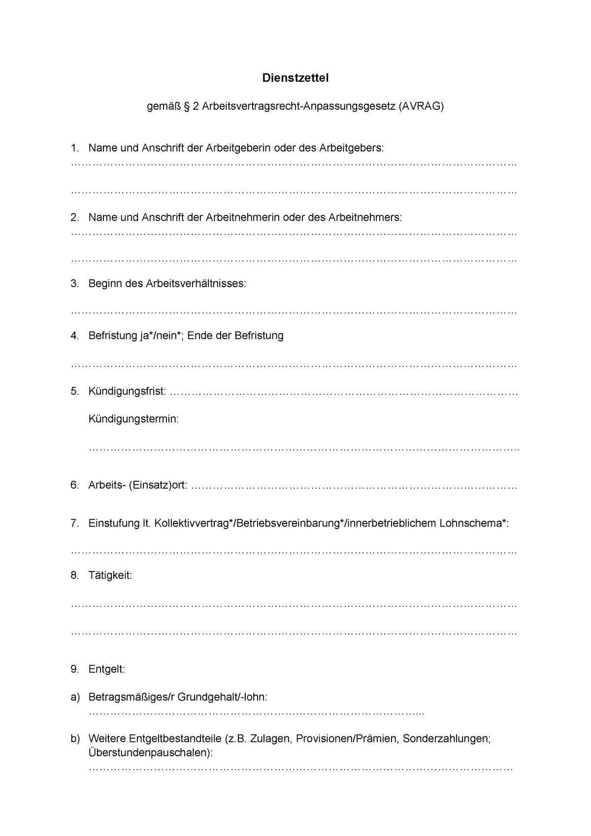 Musterbrief Dienstzettel - Dienstzettel Gemäß § 2 Arbeitsvertragsrecht ...