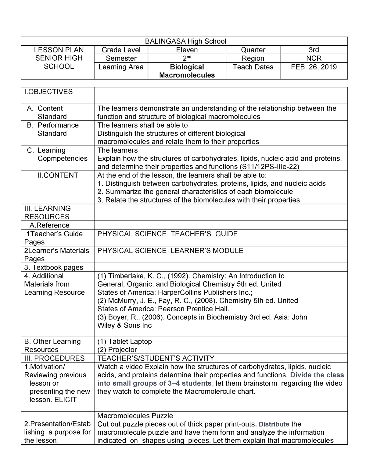 Biological-moleculesdll - BALINGASA High School LESSON PLAN SENIOR HIGH ...