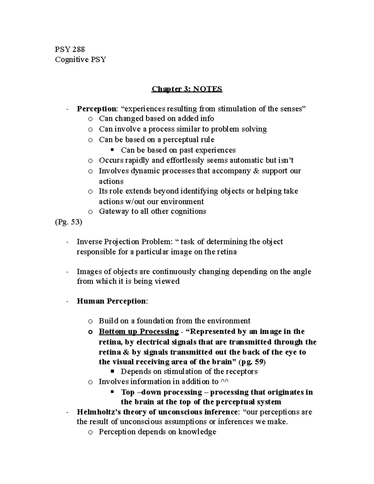 Psy 288 - chapter 3 notes - PSY 288 Cognitive PSY Chapter 3: NOTES ...