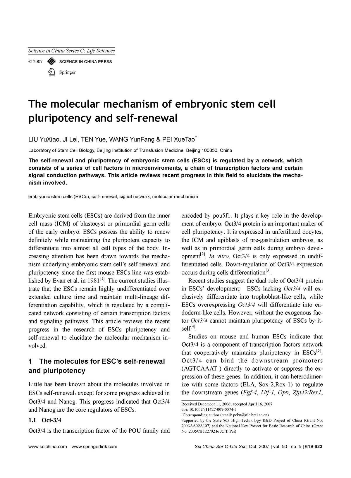 5. The Molecular Mechanism of ESC Pleuripotency and Self-Renewal ...