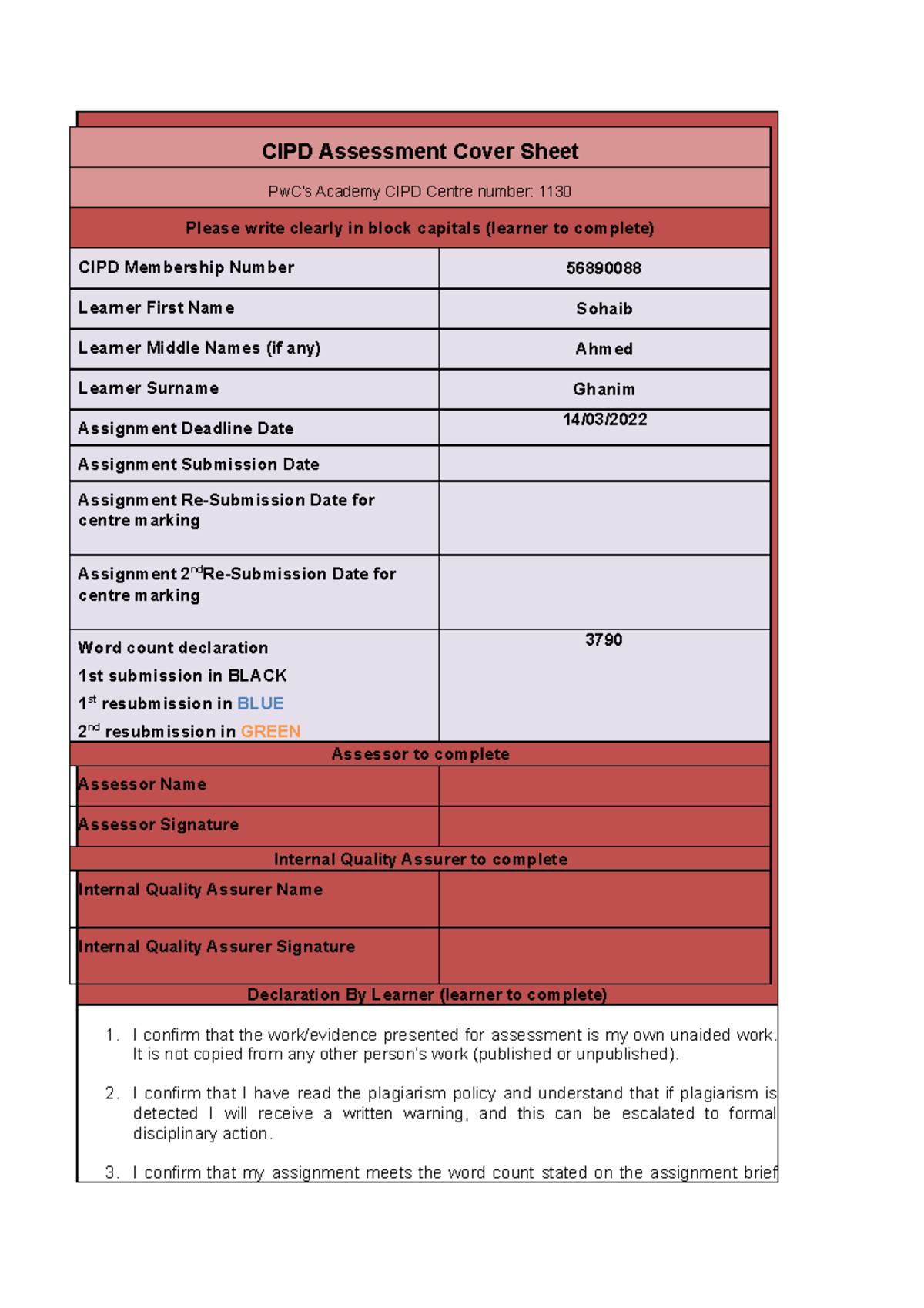 Sohaib Ghanim CIPD Assignment 2 - Declaration By Learner (learner to ...