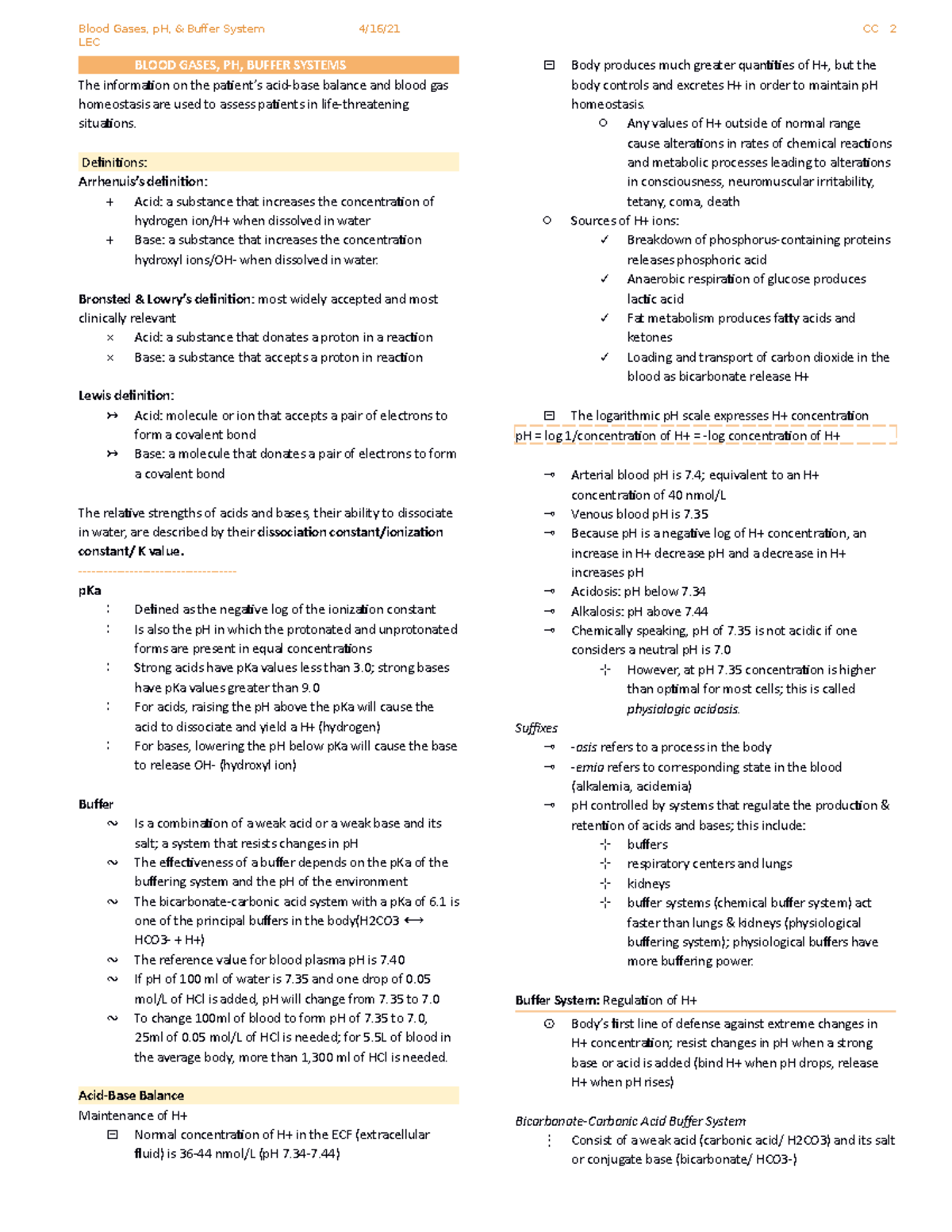 Clinical Chemistry 2 - Blood Gases, PH, Buffer Systems - LEC BLOOD ...