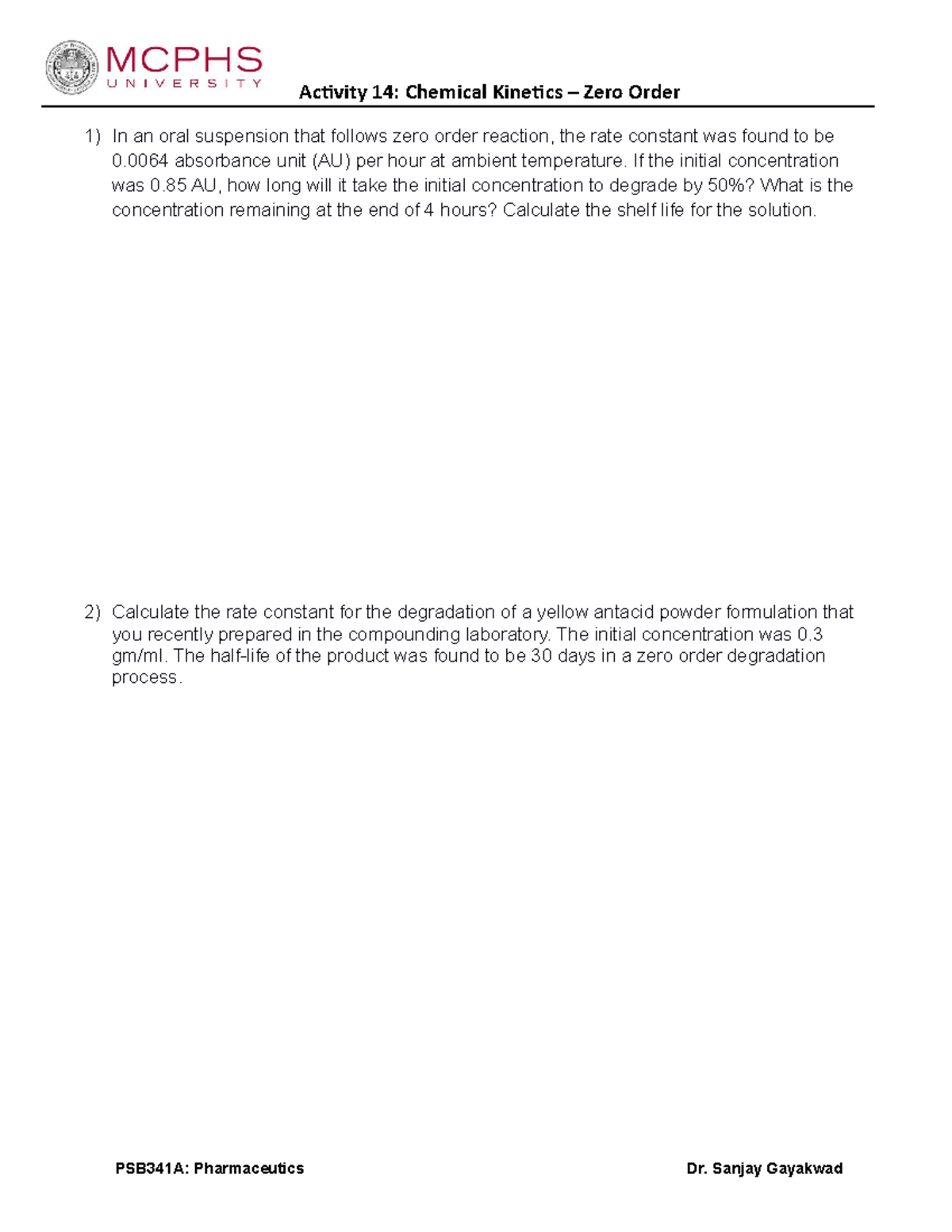 Activity 14 - Chemical Kinetics Zero Order - Activity 14: Chemical ...