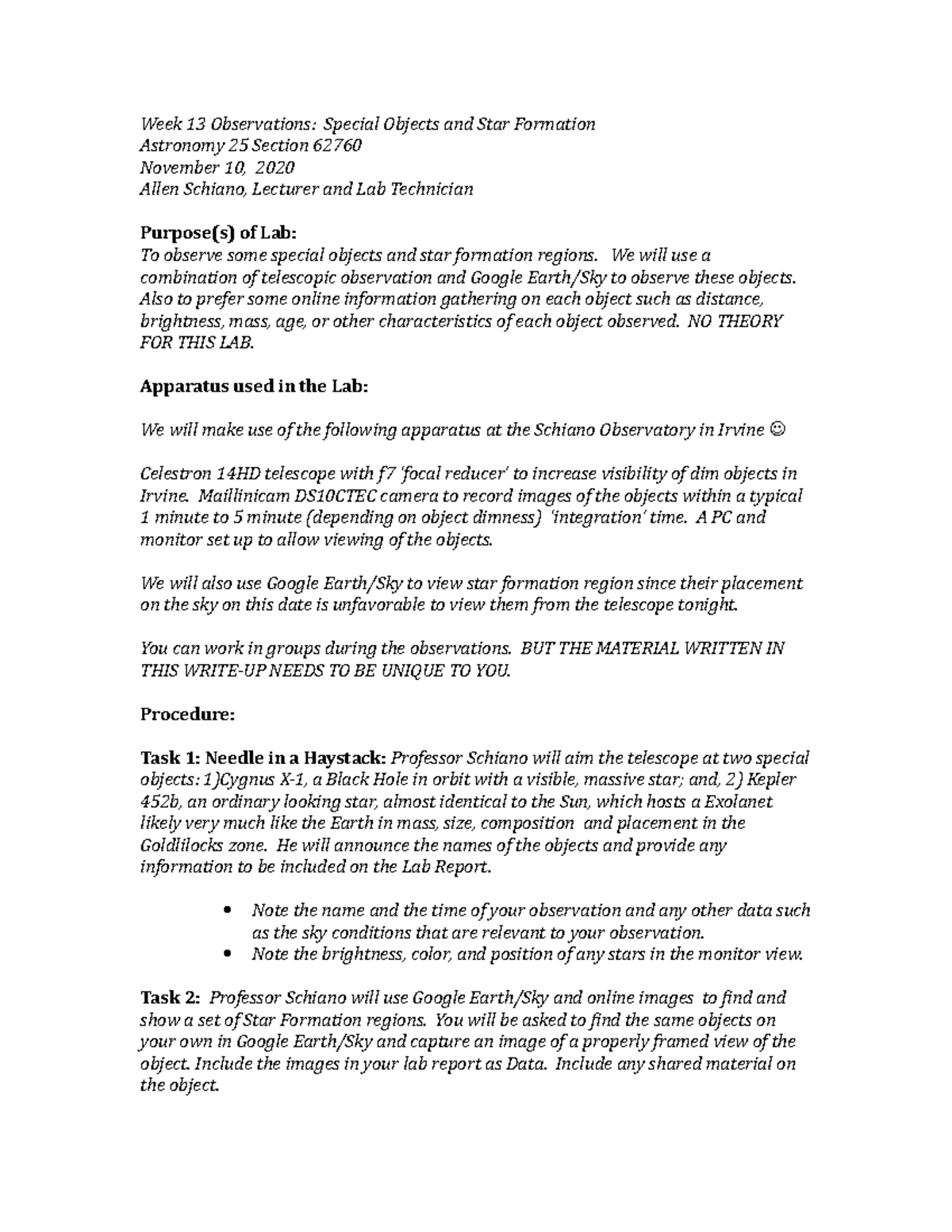 Week 13 Observations Special Objects And Star Formation Lab Astronomy 25 Section 62670 Studocu