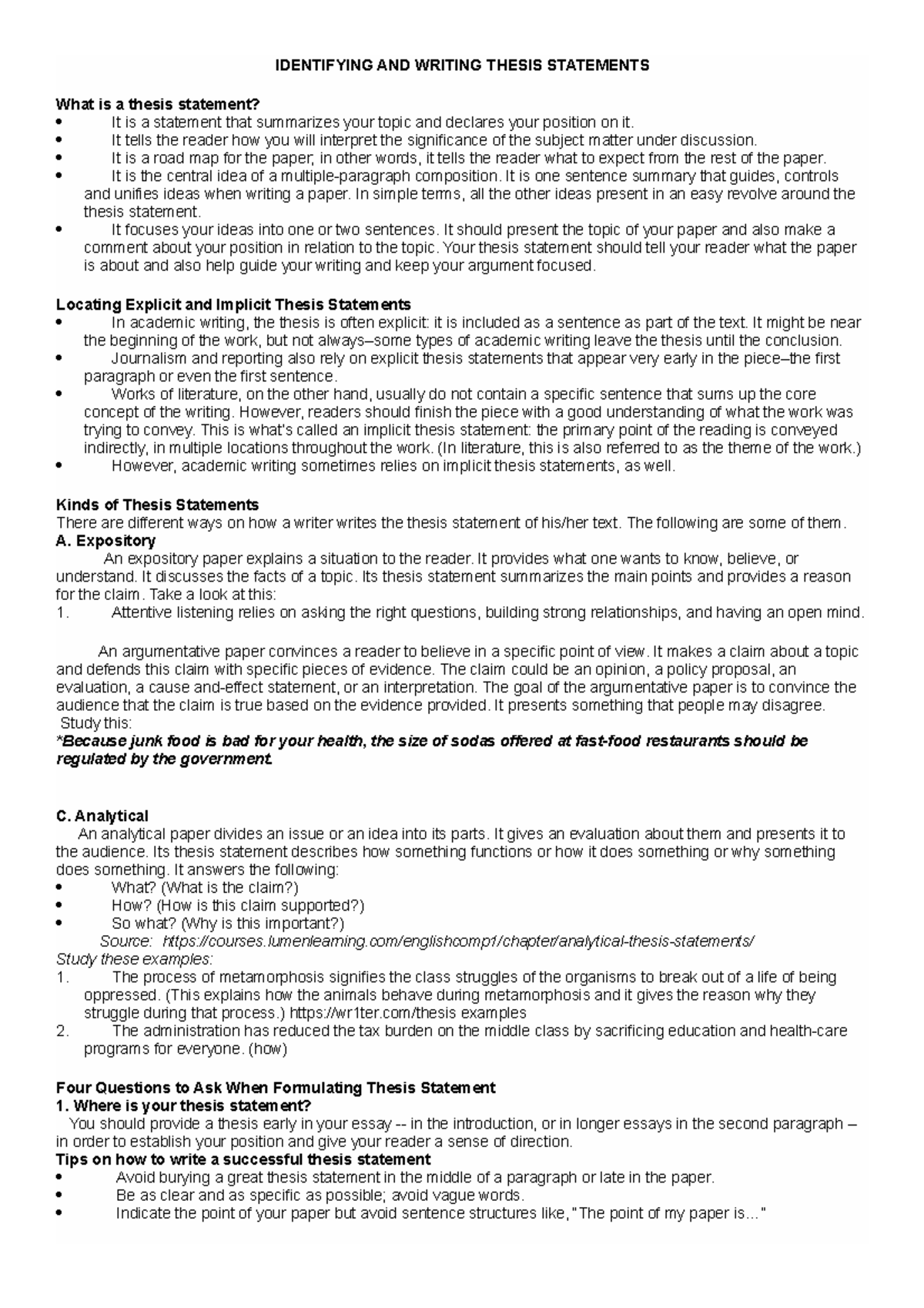 Identifying AND Writing Thesis Statements - IDENTIFYING AND WRITING ...