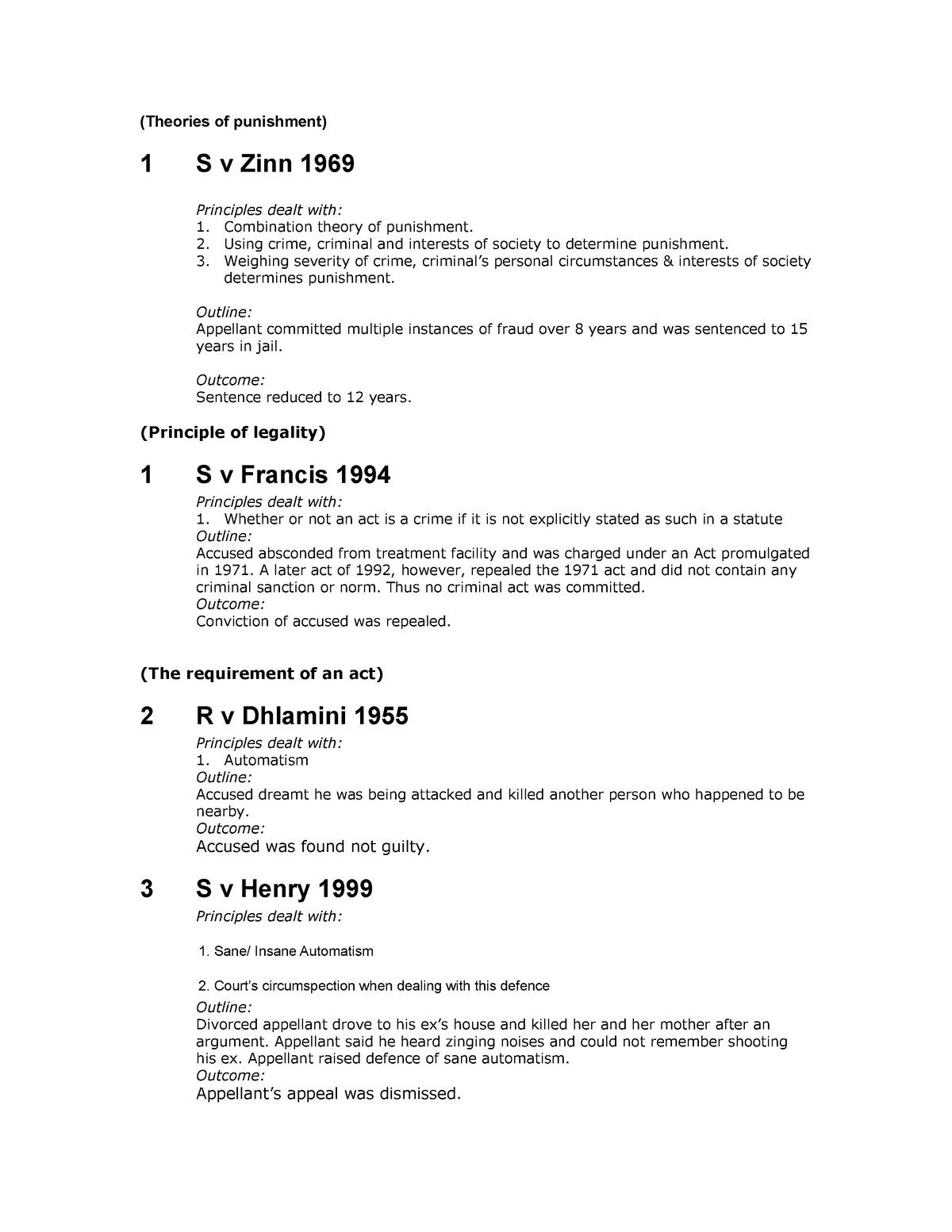 CRW2601 Summary Of Cases Theories Of Punishment 1 S V Zinn 1969 Principles Dealt With StuDocu