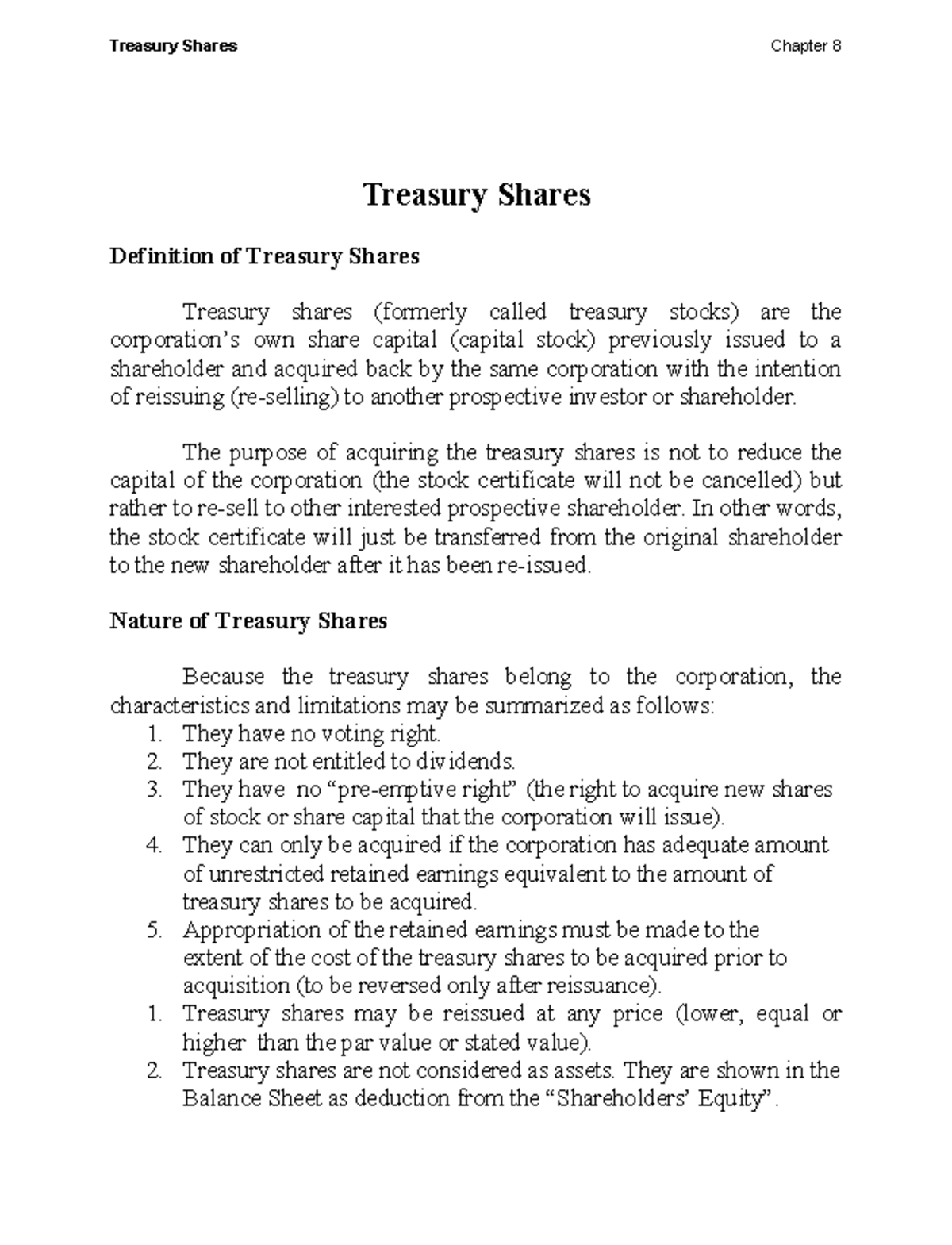 Treasury Shares - practice test - Treasury Shares Definition of ...