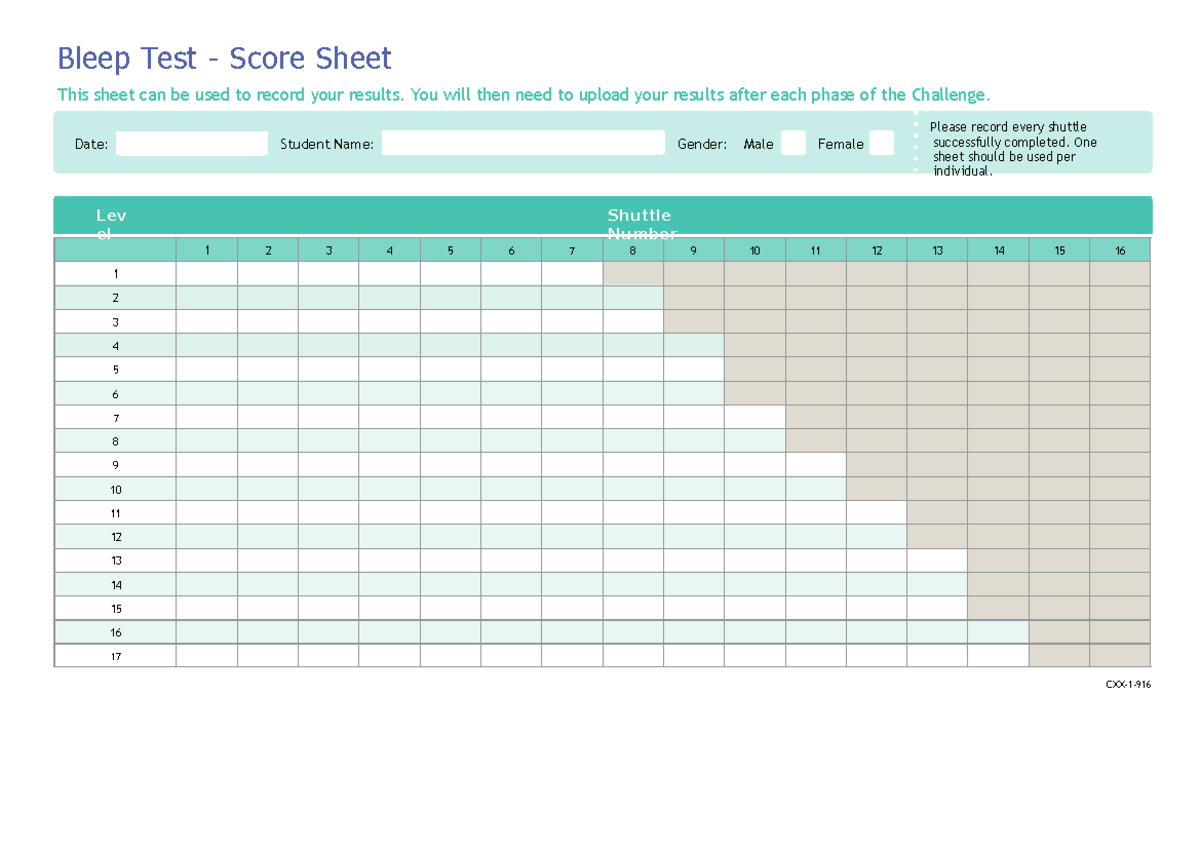 bleep test score sheet - Bleep Test - Score Sheet This sheet can be ...