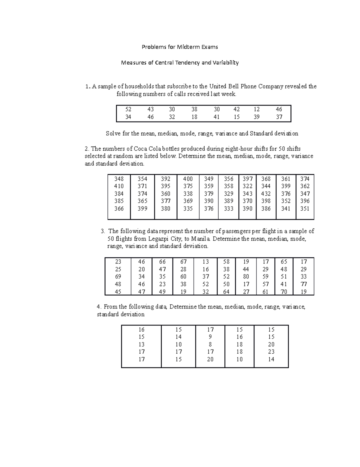 Problems for Midterm Exams - Problems for Midterm Exams Measures of ...