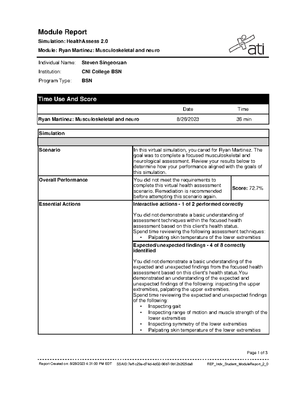 Ryan martinez - ati - Module Report Simulation: HealthAssess 2. Module ...