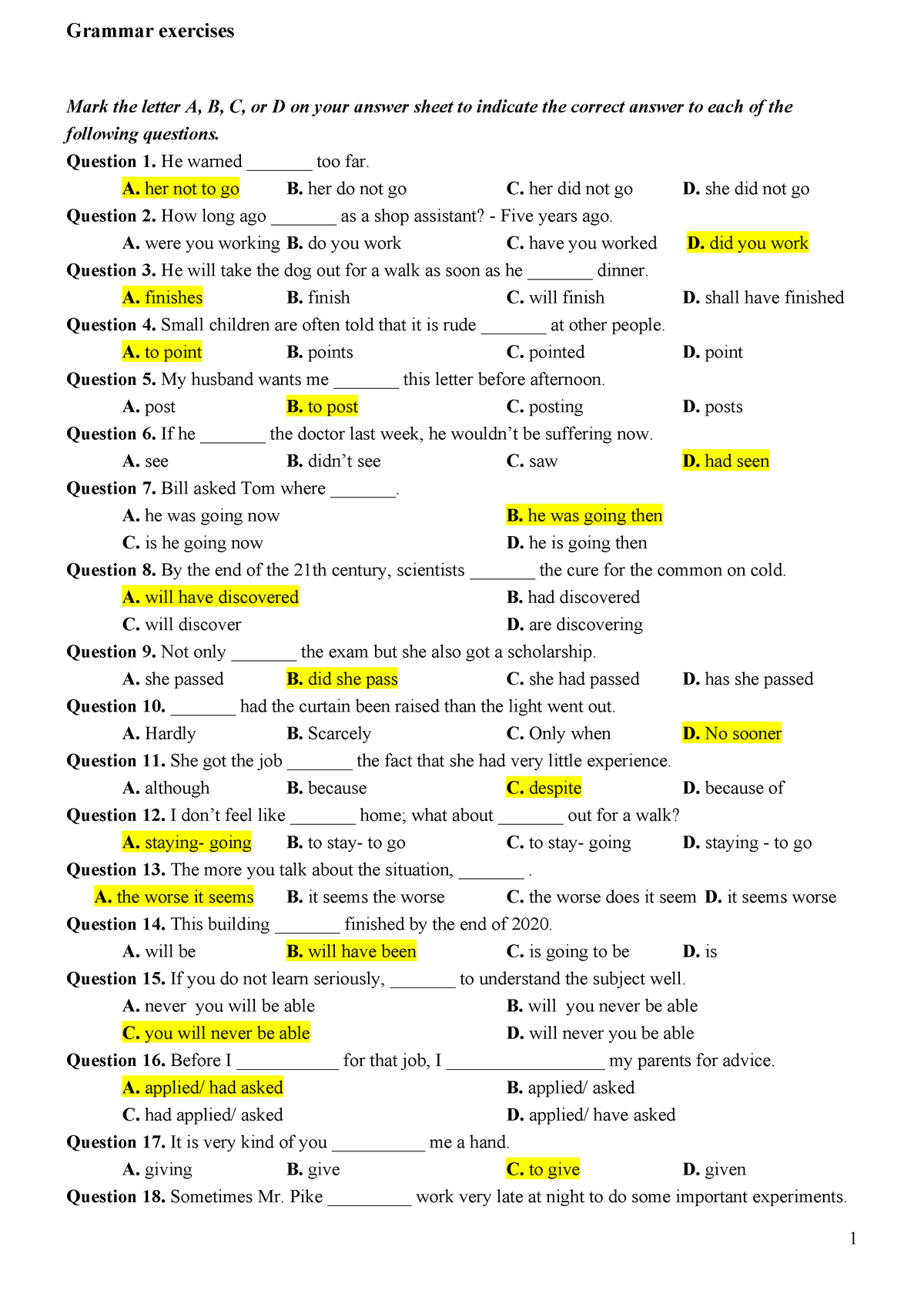 A-BT Ngữ Pháp - English - Grammar Exercises Mark The Letter A, B, C, Or ...