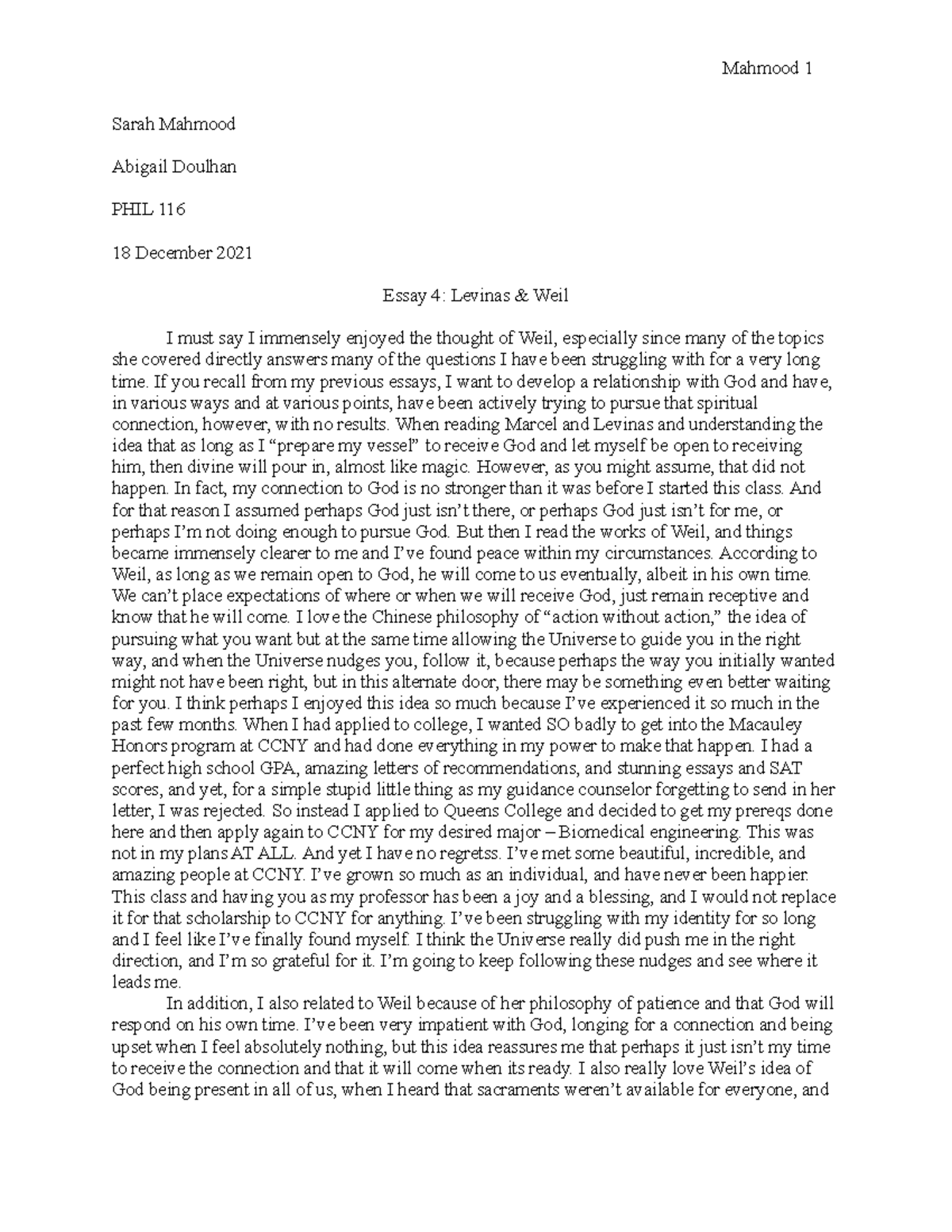 PHIL 116 Essay 4 Levinas & Weil Mahmood - Mahmood 1 Sarah Mahmood ...