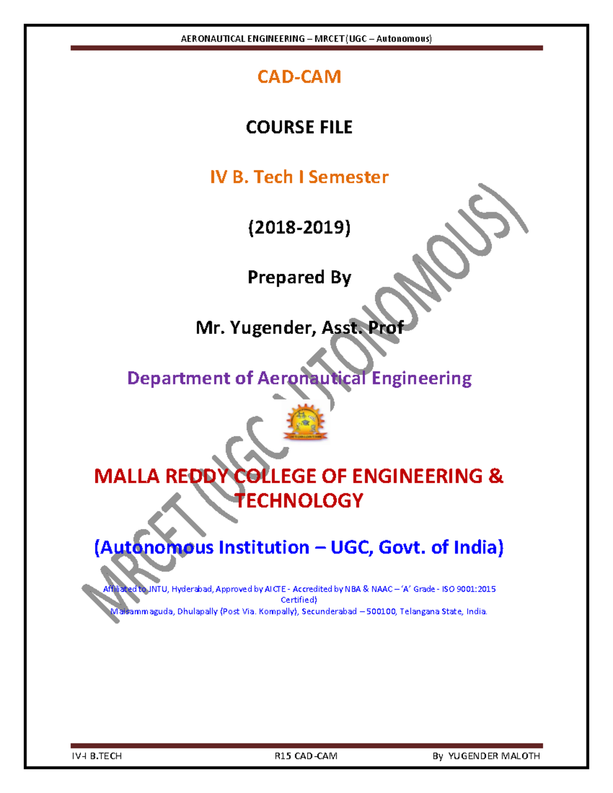 CAD CAM Digital Notes IV- I - AERONAUTICAL ENGINEERING MRCET (UGC ...