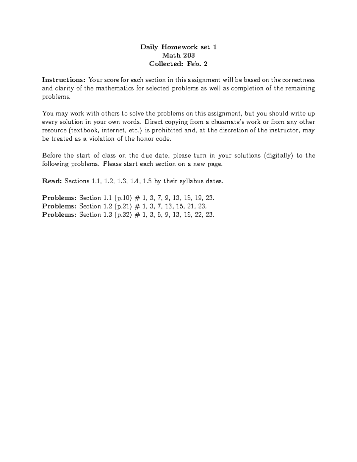 Hw1 - First assignment - Daily Homework set 1 Math 203 Collected: Feb ...