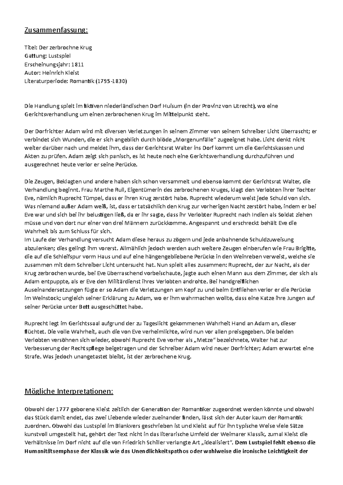 Der Zerbrochene Krug Auftritt Zusammenfassung